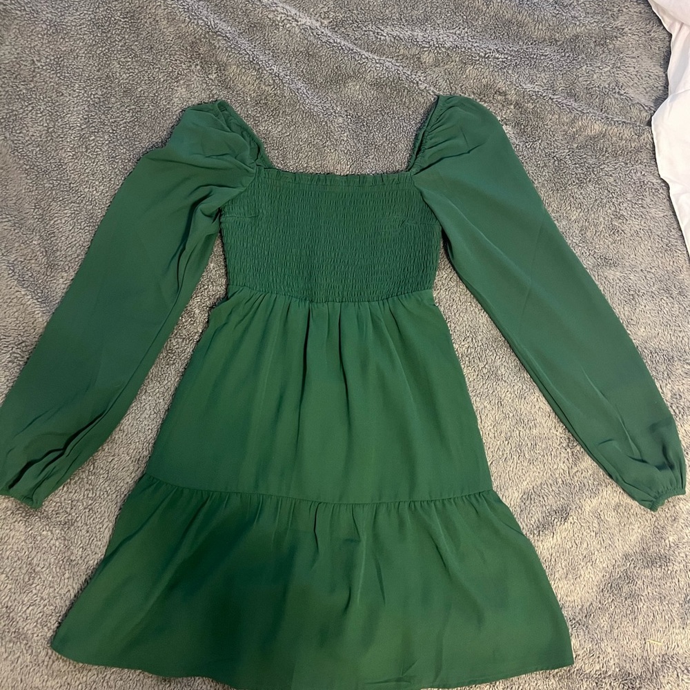 Abercrombie & Fitch Long Sleeved Dark Green Smocked Mini Dress